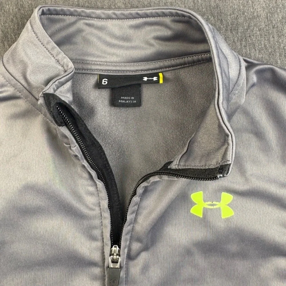 Under‎ Armour Boys Gray Black Colorblock Full Zip Track Jacket Size 6 Lime Logo